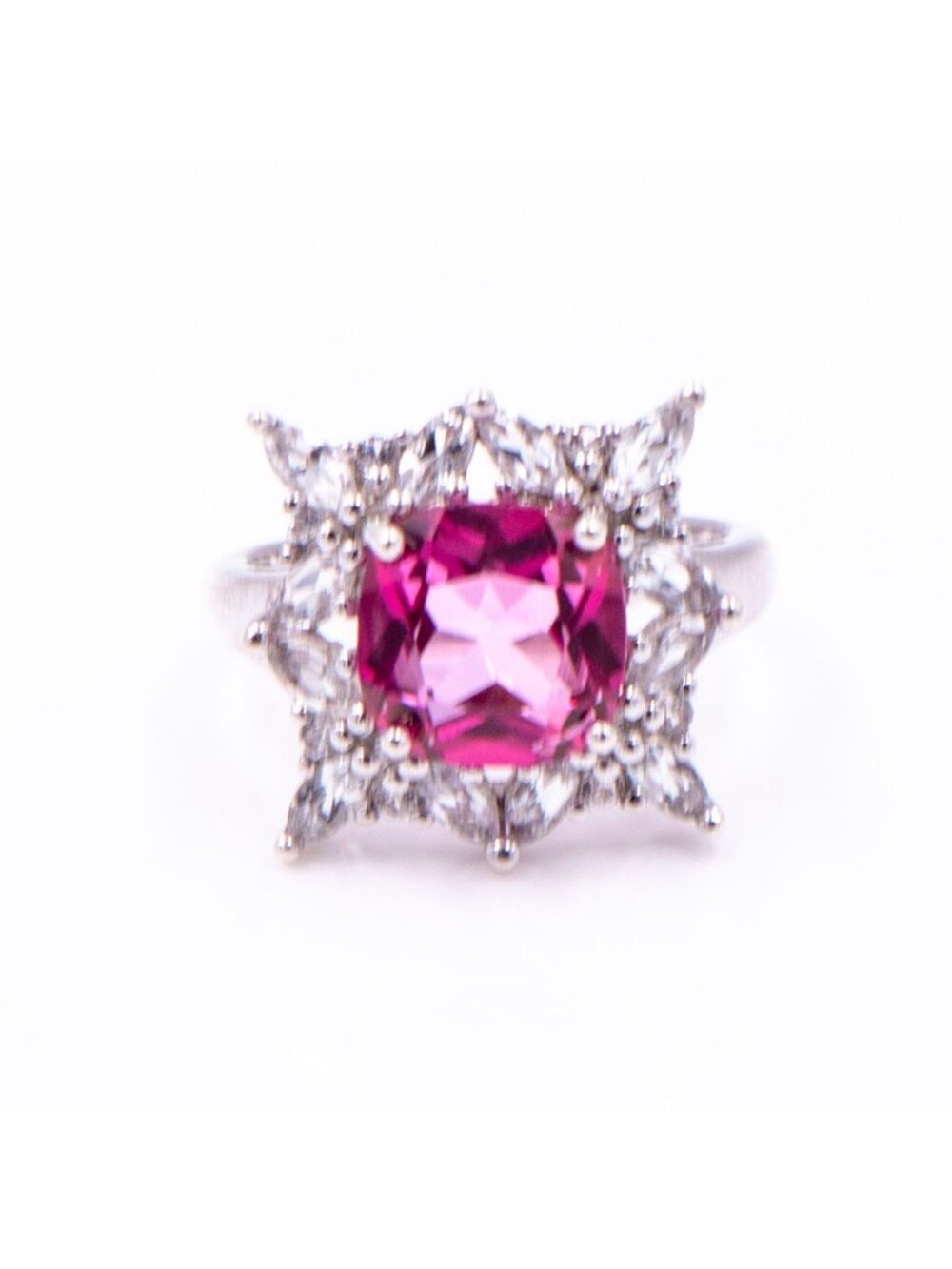 Sterling Silver 3ct Pink Sapphire White Spinel Halo Statement Ring Size 6.75